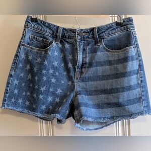 OLD NAVY. FADED FLAG. CUT-OFF. DENIM. SHORTS.  HIGH WAISTED. SLIM FRONT POCKETS.